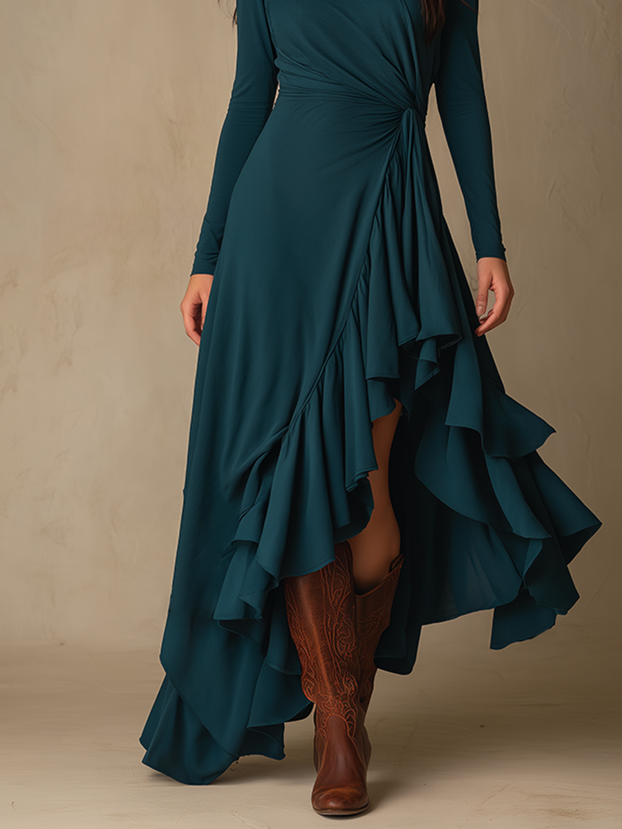 Women's Waist Twist Ruffle Solid Elegant Turtleneck Long Sleeve Maxi Dress