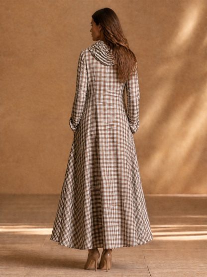 Women's Detachable Scarf Two Piece Vintage Plaid Cotton Lantern Sleeve Maxi Dress