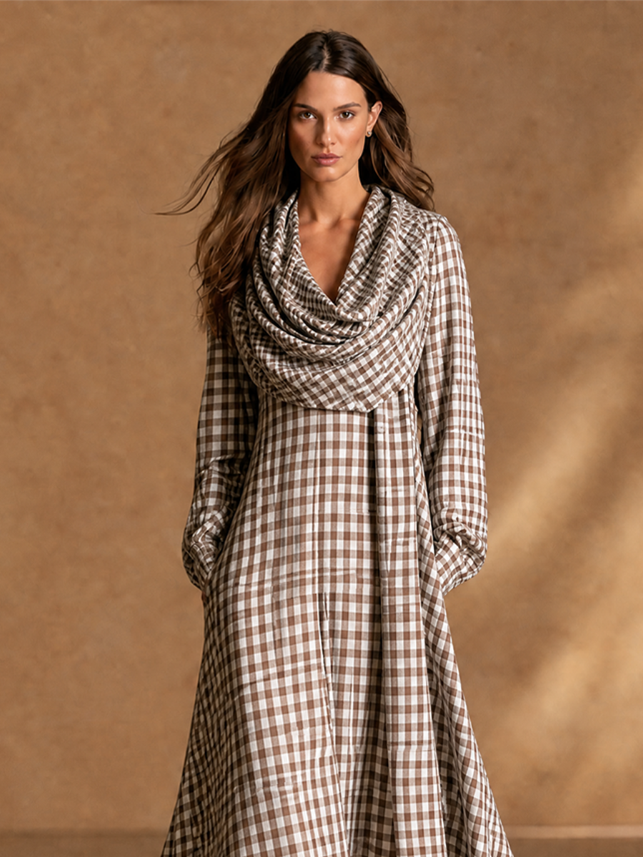 Women's Detachable Scarf Two Piece Vintage Plaid Cotton Lantern Sleeve Maxi Dress