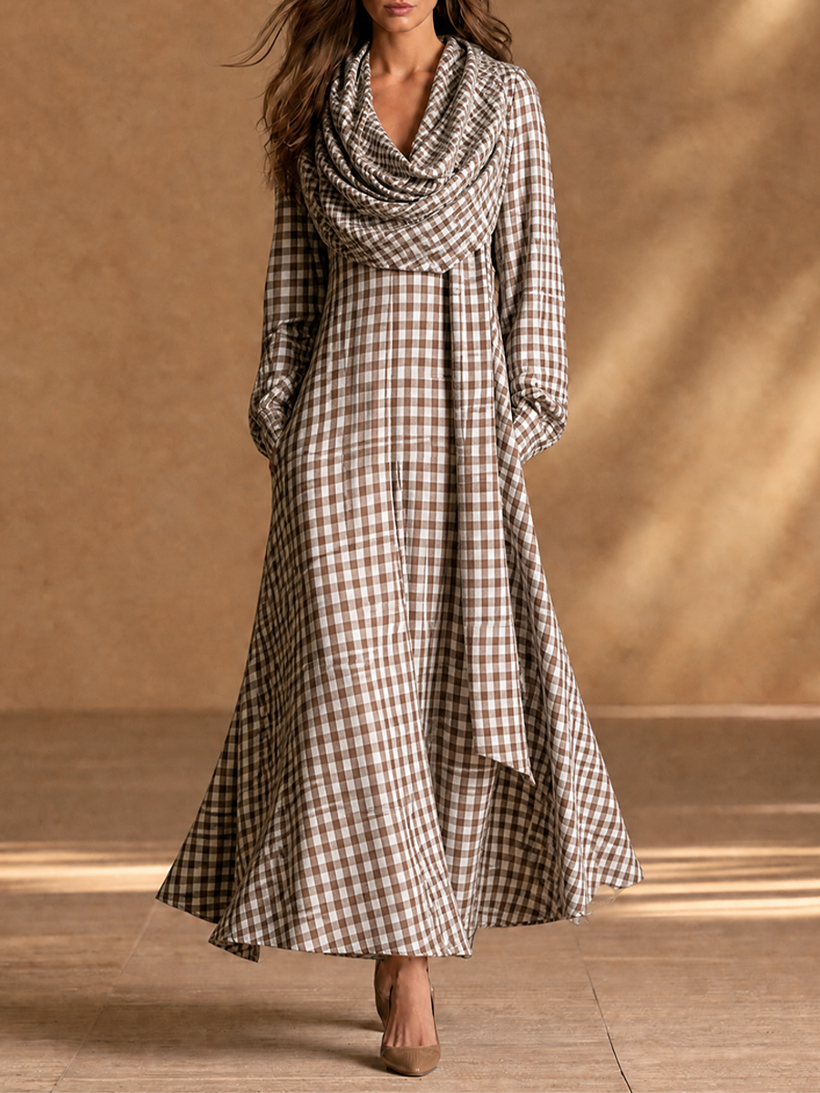 Women's Detachable Scarf Two Piece Vintage Plaid Cotton Lantern Sleeve Maxi Dress