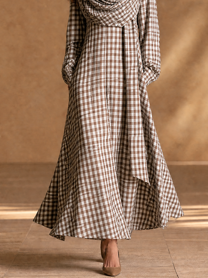Women's Detachable Scarf Two Piece Vintage Plaid Cotton Lantern Sleeve Maxi Dress