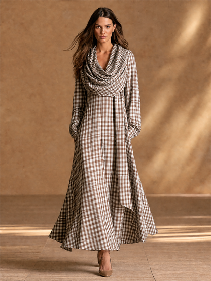 Women's Detachable Scarf Two Piece Vintage Plaid Cotton Lantern Sleeve Maxi Dress