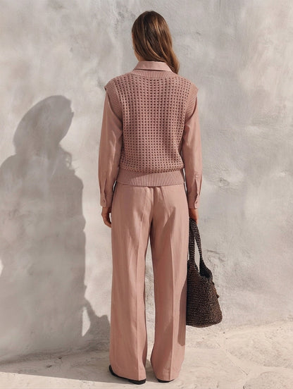 Women's 3-piece Set Featuring A Casual Dusty-pink Woven Shirt With Trousers And A Knitted Openwork Vest