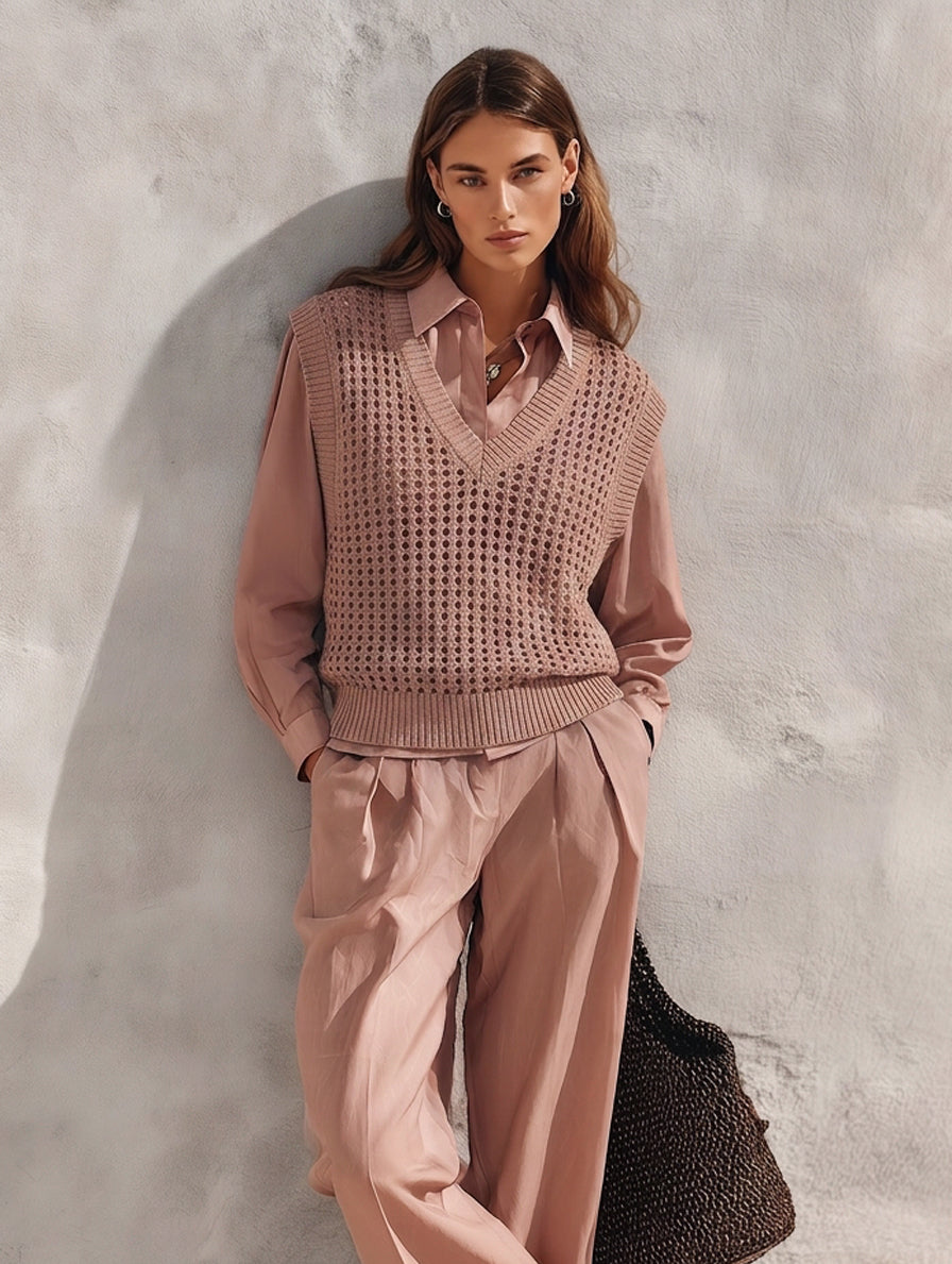 Women's 3-piece Set Featuring A Casual Dusty-pink Woven Shirt With Trousers And A Knitted Openwork Vest