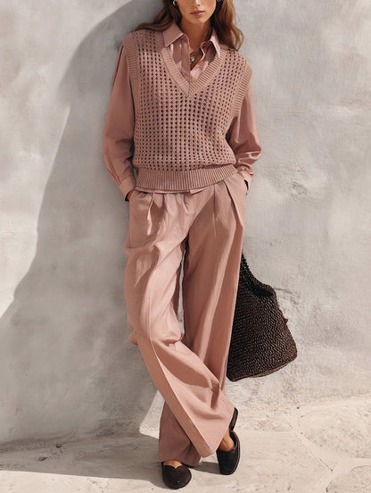 Women's 3-piece Set Featuring A Casual Dusty-pink Woven Shirt With Trousers And A Knitted Openwork Vest