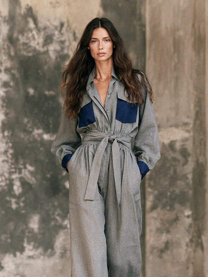 Women's Casual Grey Cotton-linen Long-sleeve Jumpsuit