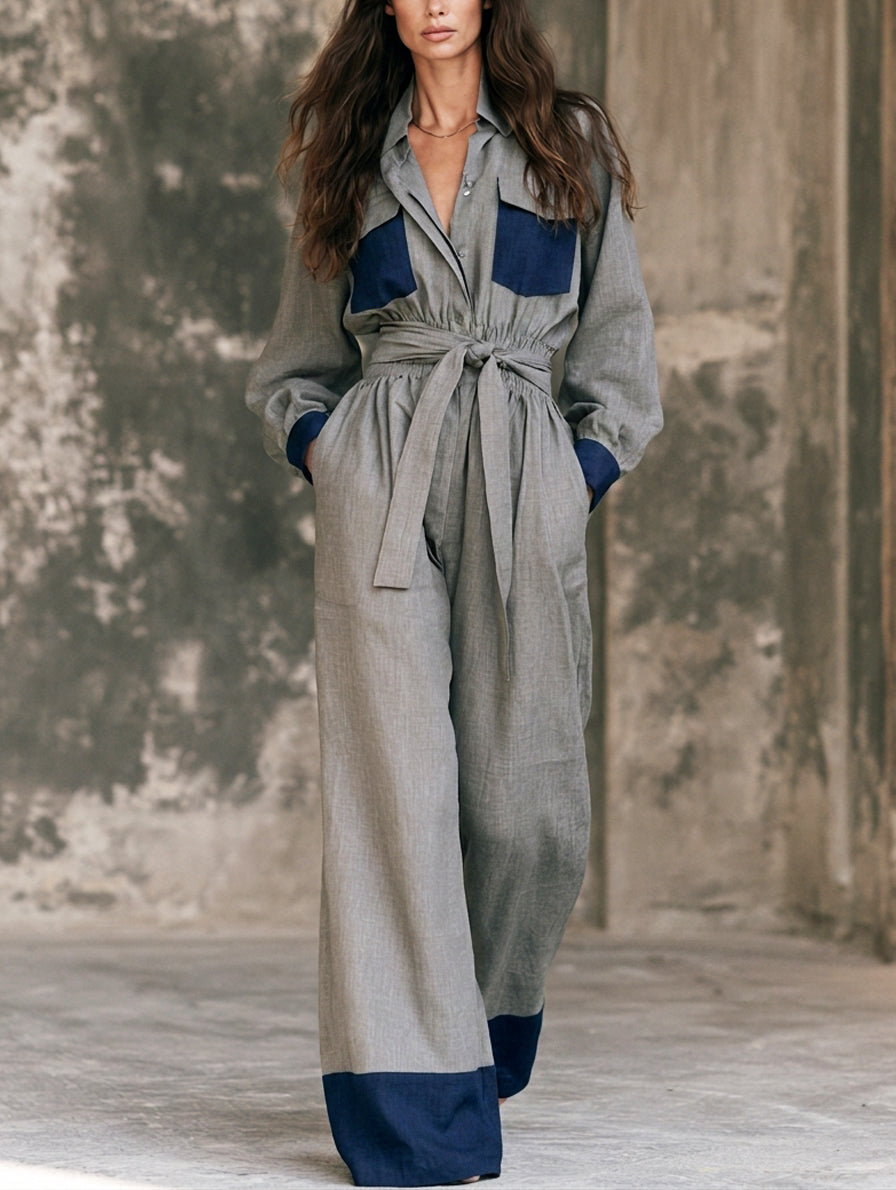 Women's Casual Grey Cotton-linen Long-sleeve Jumpsuit