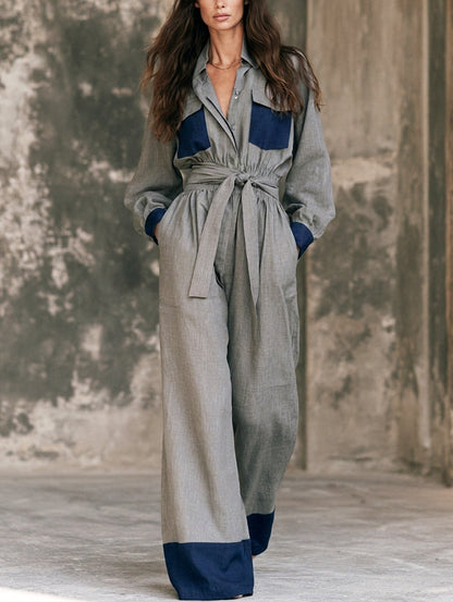 Women's Casual Grey Cotton-linen Long-sleeve Jumpsuit