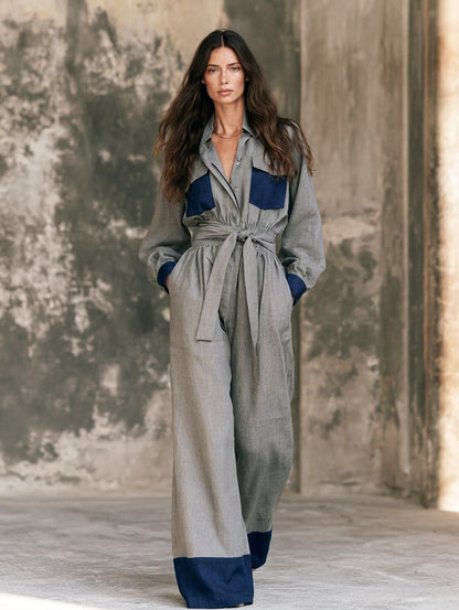 Women's Casual Grey Cotton-linen Long-sleeve Jumpsuit