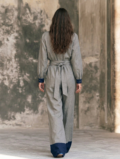 Women's Casual Grey Cotton-linen Long-sleeve Jumpsuit