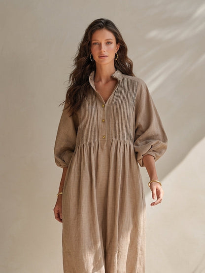 Women's Casual Long-sleeved Maxi Dress In Khaki Cotton-linen Blend