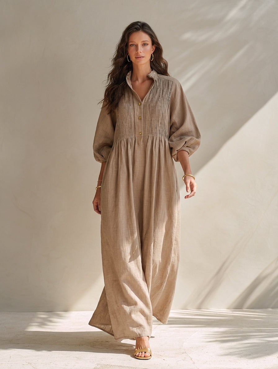 Women's Casual Long-sleeved Maxi Dress In Khaki Cotton-linen Blend