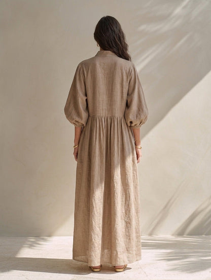 Women's Casual Long-sleeved Maxi Dress In Khaki Cotton-linen Blend