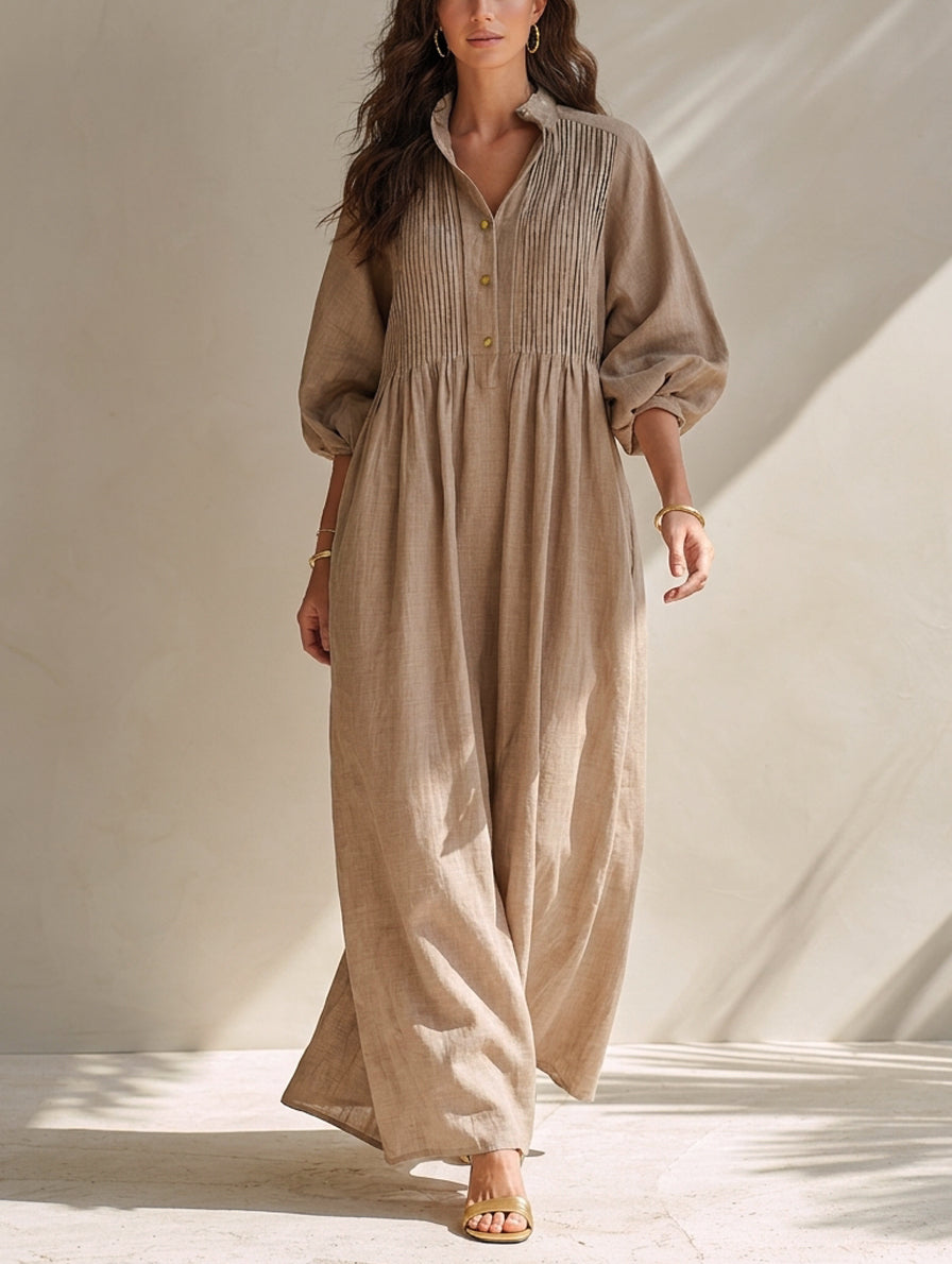 Women's Casual Long-sleeved Maxi Dress In Khaki Cotton-linen Blend