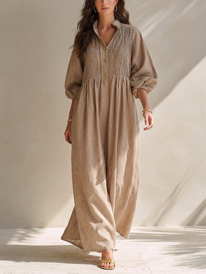 Women's Casual Long-sleeved Maxi Dress In Khaki Cotton-linen Blend