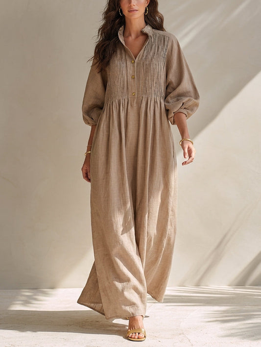 Women's Casual Long-sleeved Maxi Dress In Khaki Cotton-linen Blend