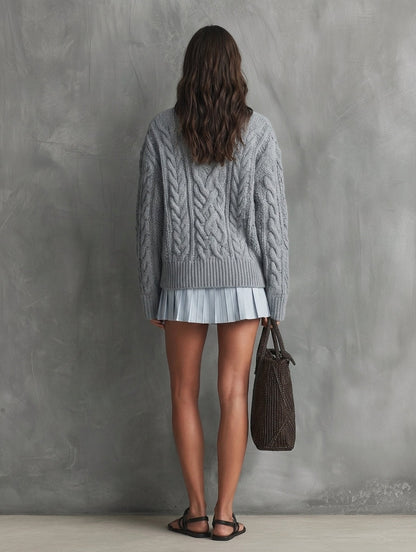Women's Casual 2-Piece Set Grey Long-sleeved Knit Sweater And A Light Blue Woven Shirt Dress