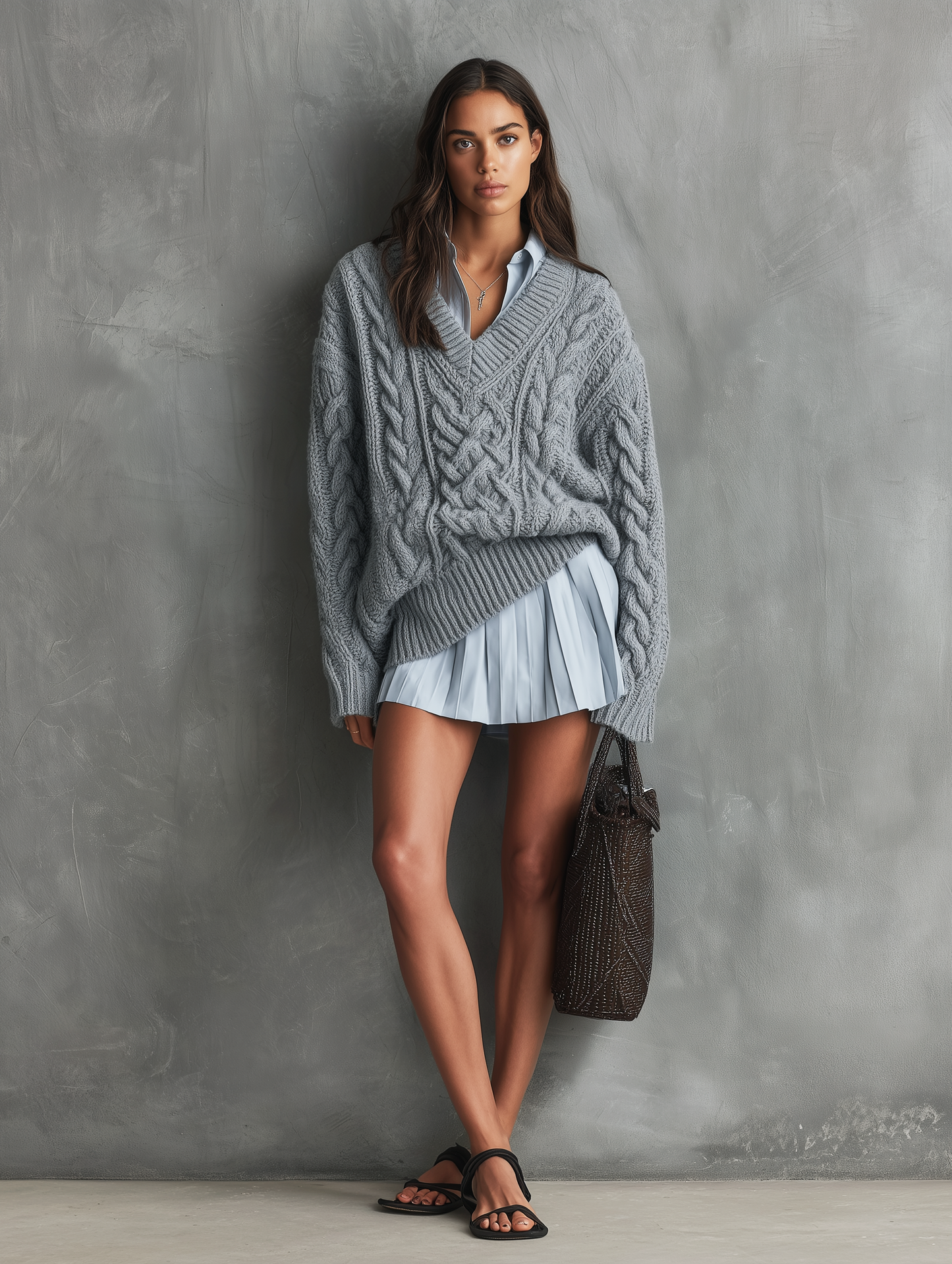 Women's Casual 2-Piece Set Grey Long-sleeved Knit Sweater And A Light Blue Woven Shirt Dress