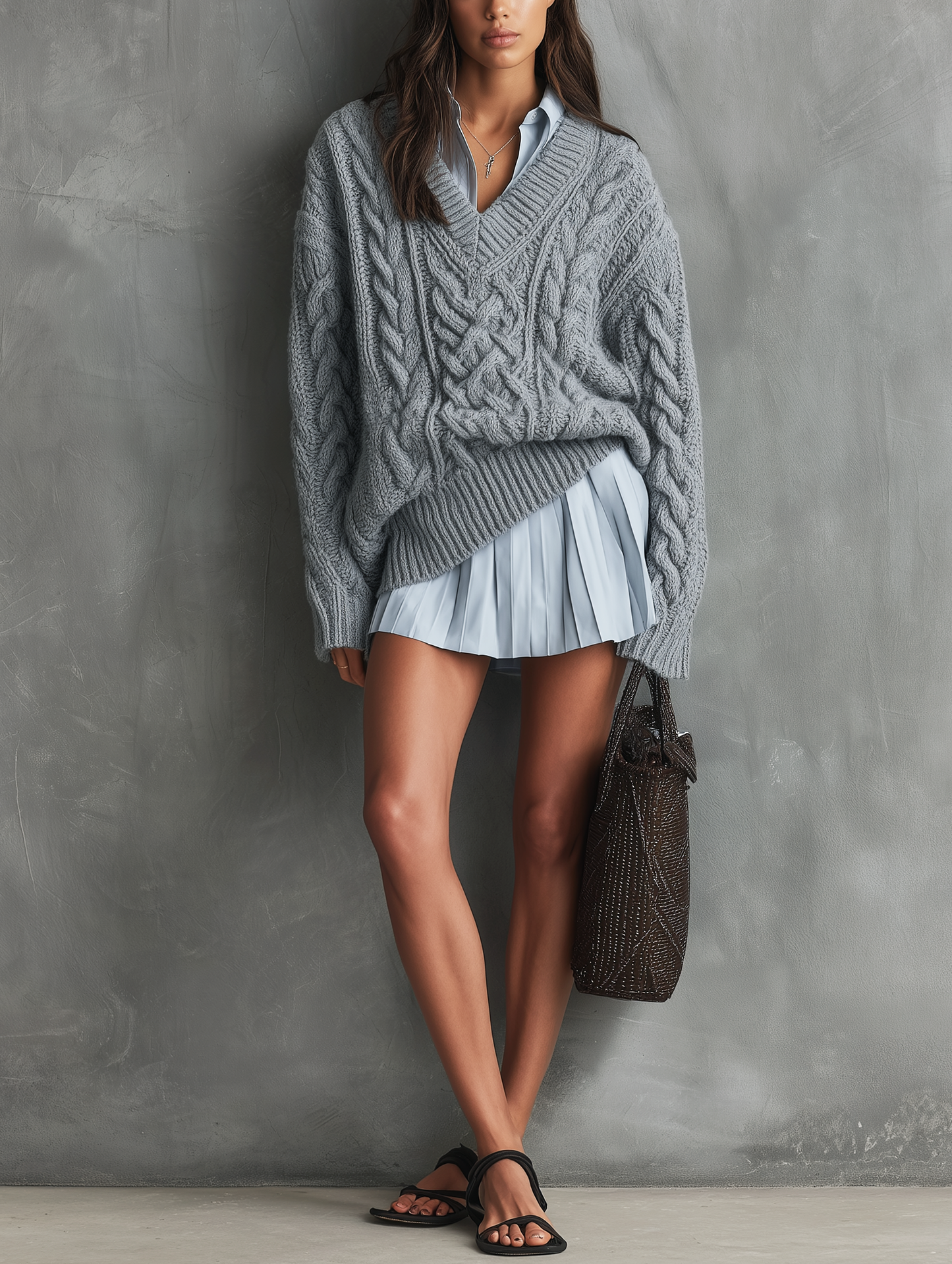 Women's Casual 2-Piece Set Grey Long-sleeved Knit Sweater And A Light Blue Woven Shirt Dress