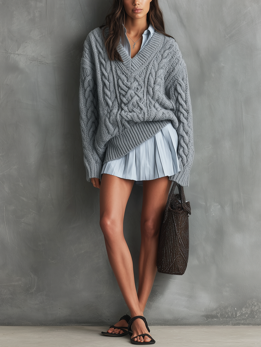 Women's Casual 2-Piece Set Grey Long-sleeved Knit Sweater And A Light Blue Woven Shirt Dress