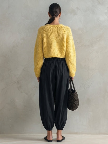 Women's Casual 2-Piece Set Yellow Long-sleeved Knit Cardigan And Black Woven Trousers