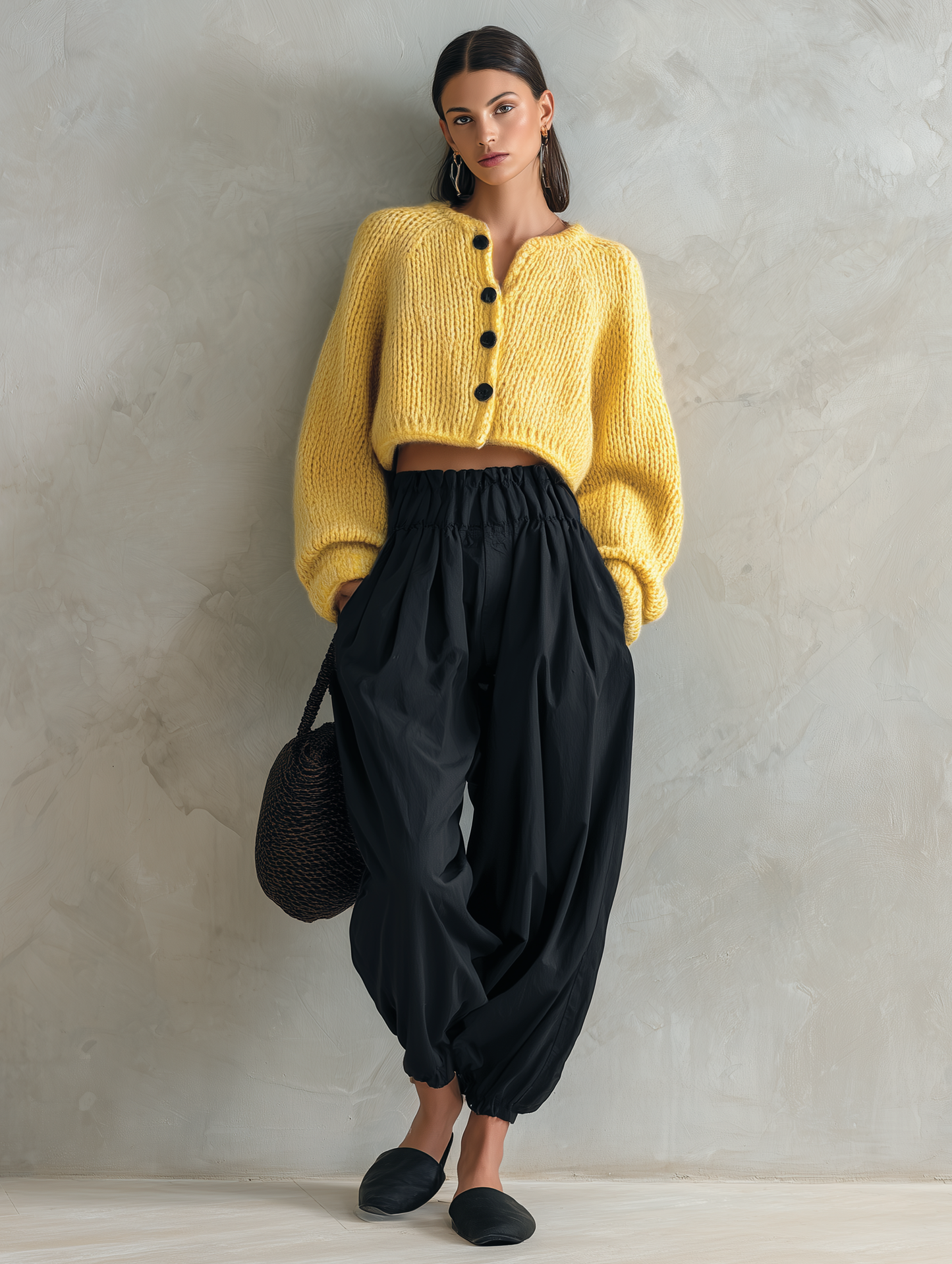 Women's Casual 2-Piece Set Yellow Long-sleeved Knit Cardigan And Black Woven Trousers