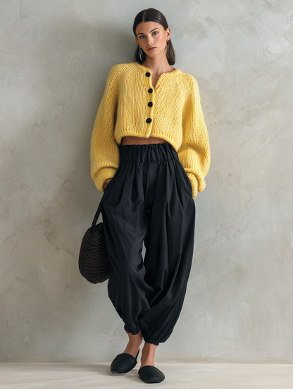 Women's Casual 2-Piece Set Yellow Long-sleeved Knit Cardigan And Black Woven Trousers