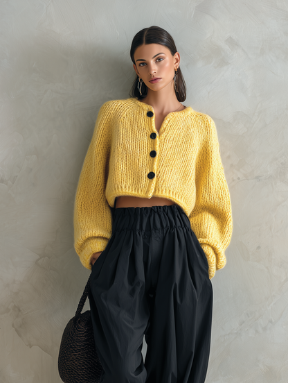Women's Casual 2-Piece Set Yellow Long-sleeved Knit Cardigan And Black Woven Trousers