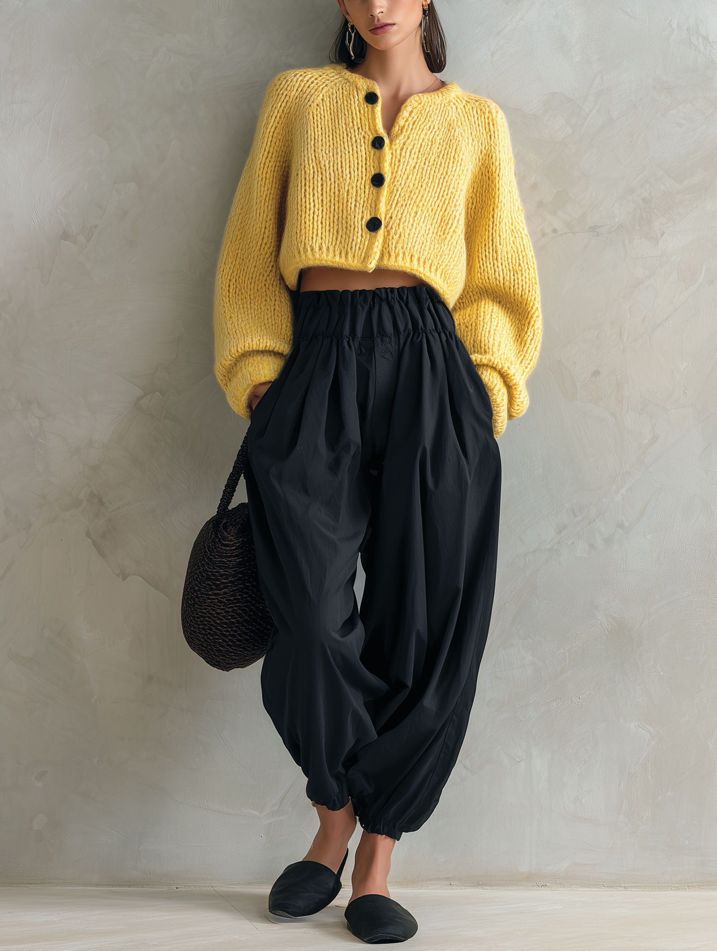 Women's Casual 2-Piece Set Yellow Long-sleeved Knit Cardigan And Black Woven Trousers