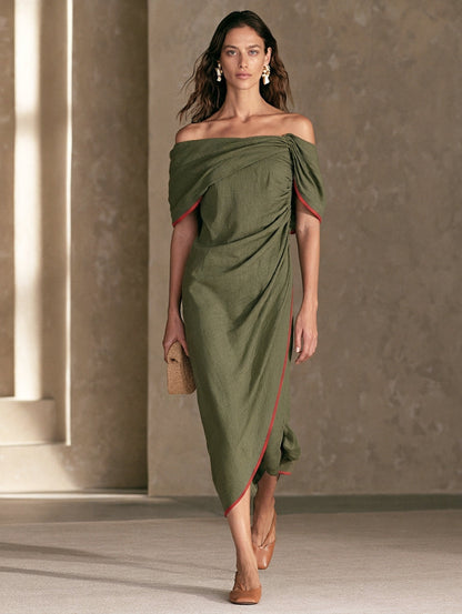 Women's Casual Olive Green Cotton-linen Off-shoulder Short-sleeve Midii Dress