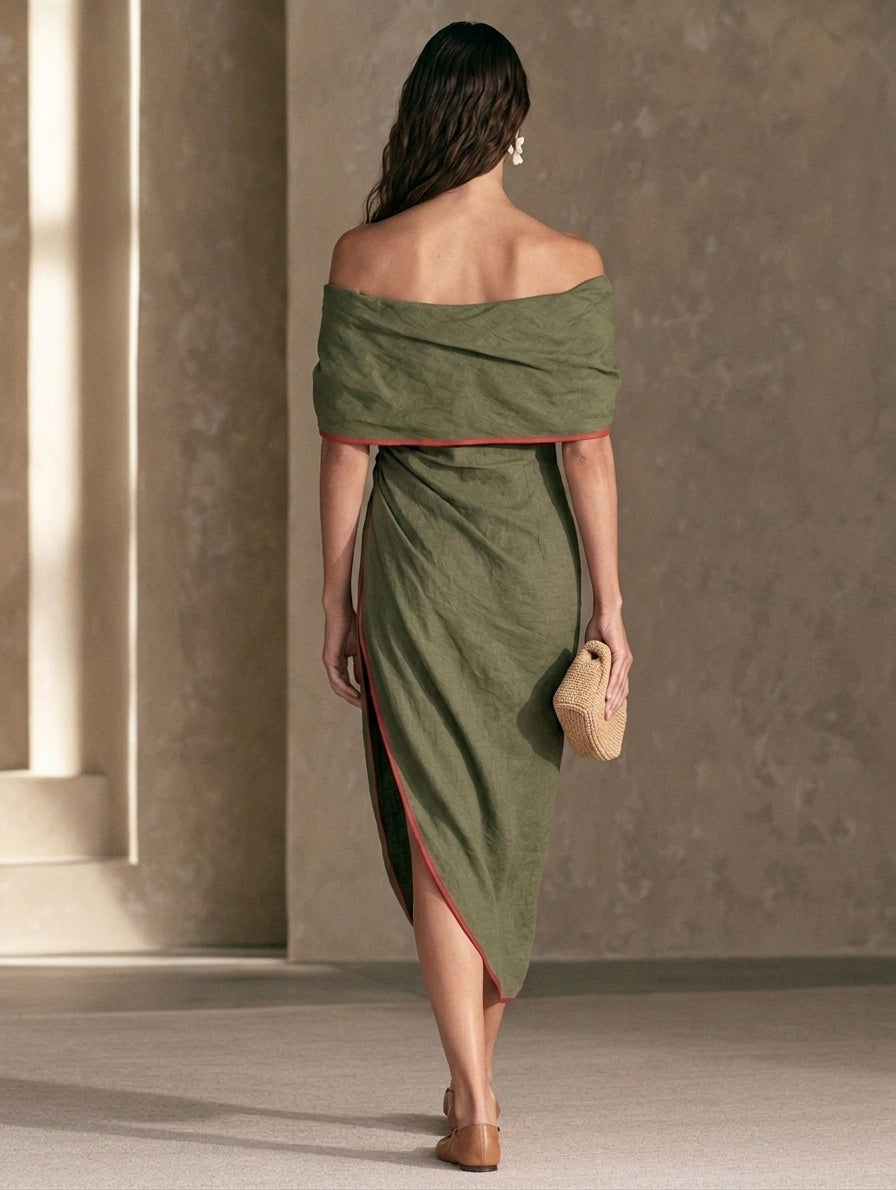 Women's Casual Olive Green Cotton-linen Off-shoulder Short-sleeve Midii Dress