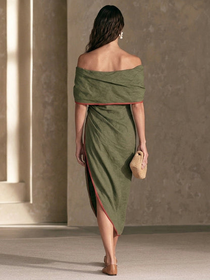 Women's Casual Olive Green Cotton-linen Off-shoulder Short-sleeve Midii Dress