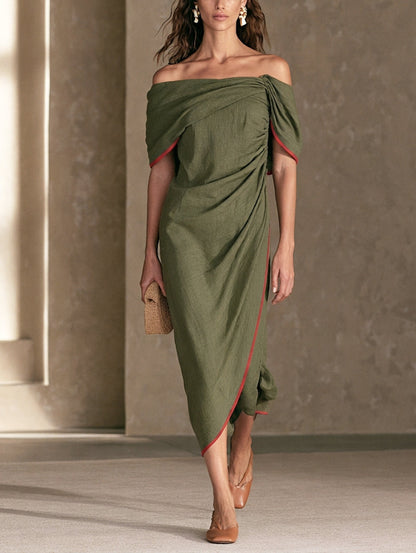 Women's Casual Olive Green Cotton-linen Off-shoulder Short-sleeve Midii Dress