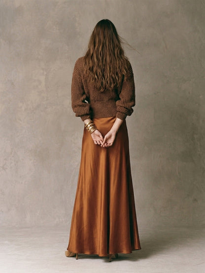 Women's Casual 2-Piece Set Dark Brown Long-sleeved Knit Top And Light Brown Satin Skirt