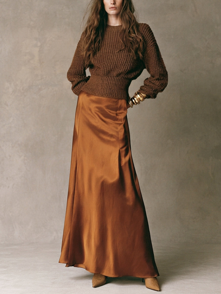Women's Casual 2-Piece Set Dark Brown Long-sleeved Knit Top And Light Brown Satin Skirt