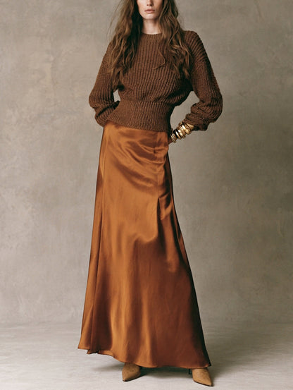Women's Casual 2-Piece Set Dark Brown Long-sleeved Knit Top And Light Brown Satin Skirt