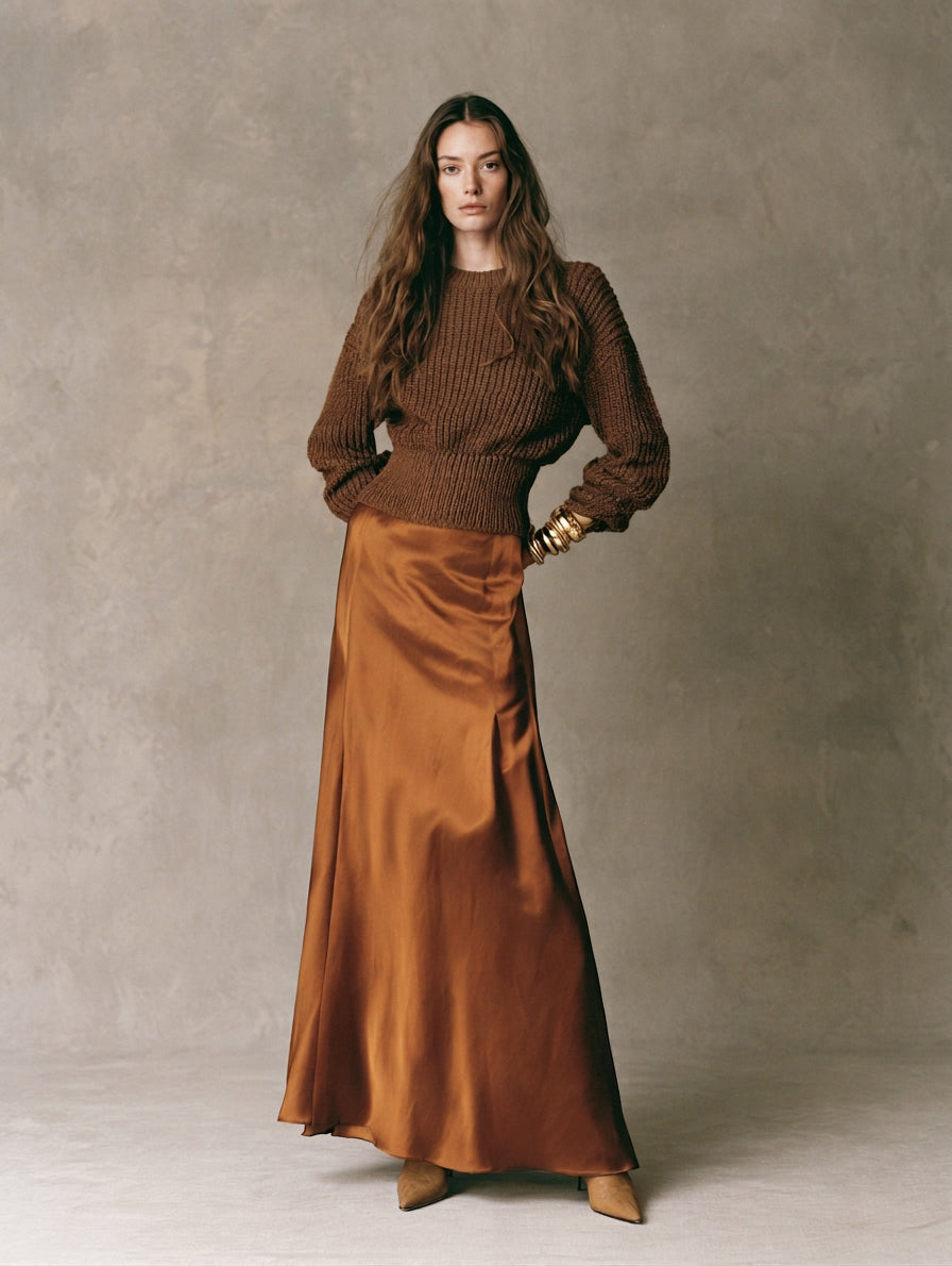 Women's Casual 2-Piece Set Dark Brown Long-sleeved Knit Top And Light Brown Satin Skirt