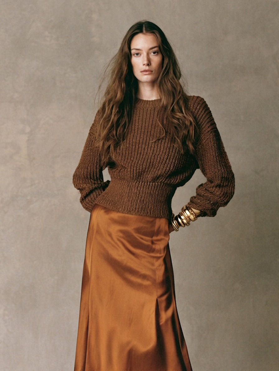 Women's Casual 2-Piece Set Dark Brown Long-sleeved Knit Top And Light Brown Satin Skirt