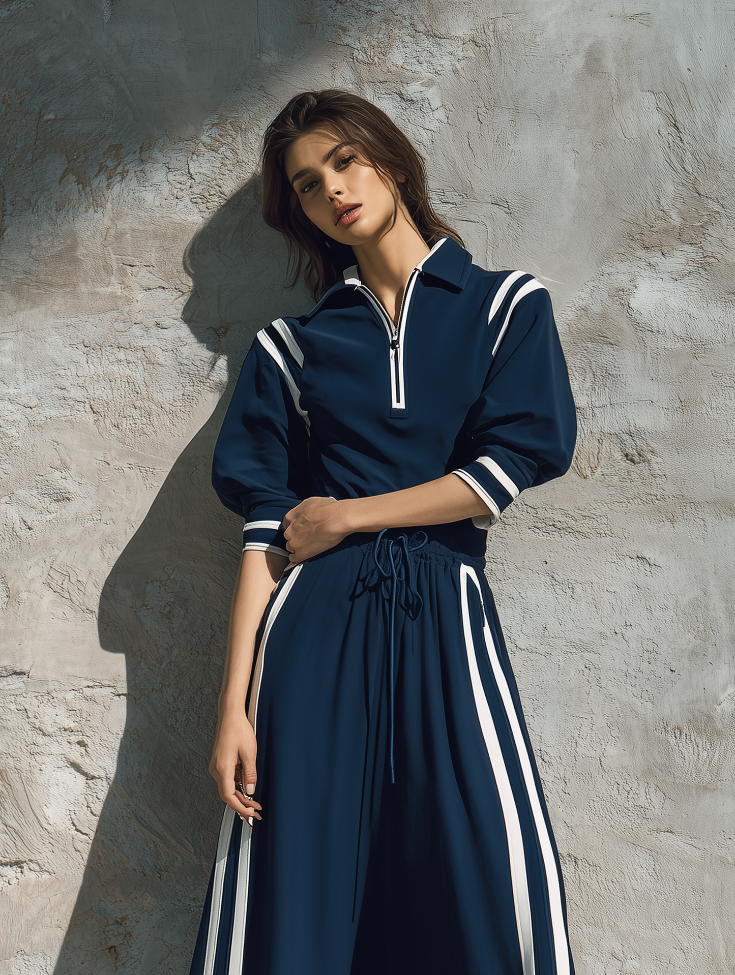 Women's Casual Short-sleeve Maxi Dress In Navy Blue Sweatshirt Fabric