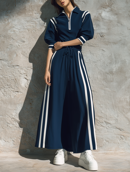 Women's Casual Short-sleeve Maxi Dress In Navy Blue Sweatshirt Fabric