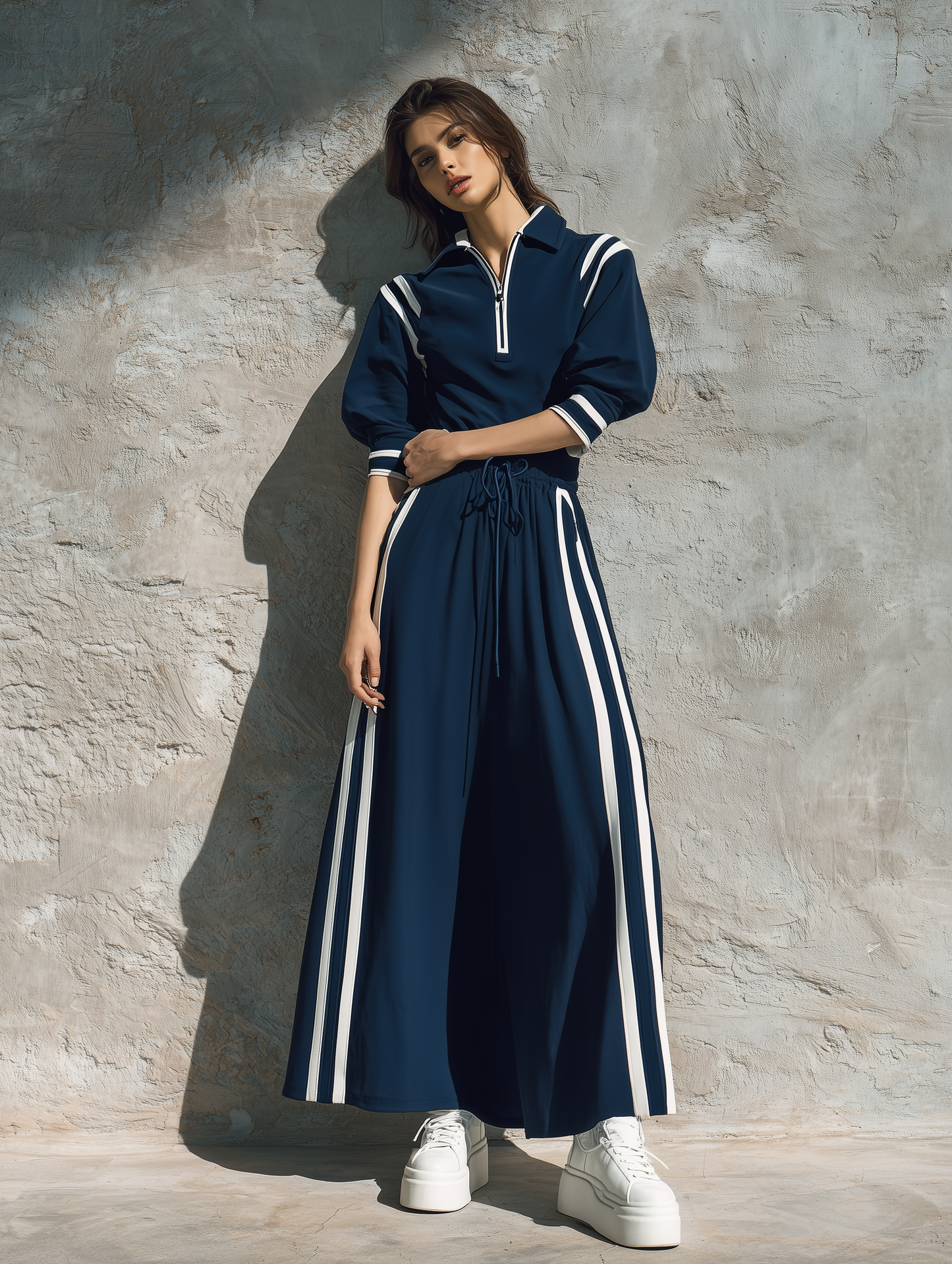 Women's Casual Short-sleeve Maxi Dress In Navy Blue Sweatshirt Fabric