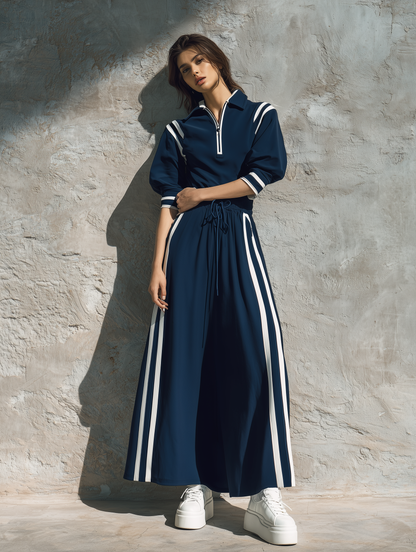 Women's Casual Short-sleeve Maxi Dress In Navy Blue Sweatshirt Fabric