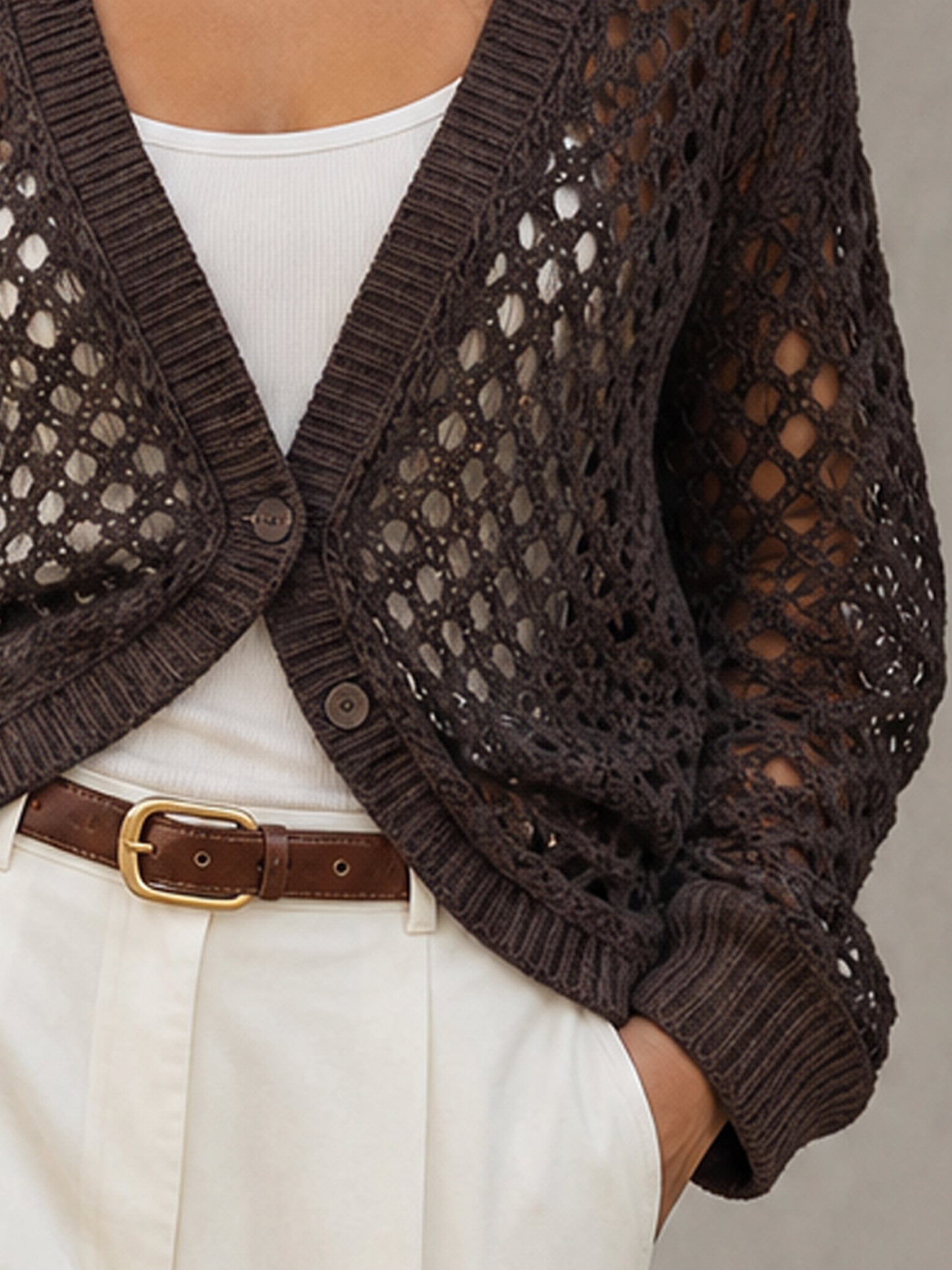 Women's Casual Long-sleeve Open-knit Cardigan With Two-button Closure