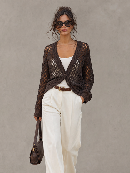 Women's Casual Long-sleeve Open-knit Cardigan With Two-button Closure