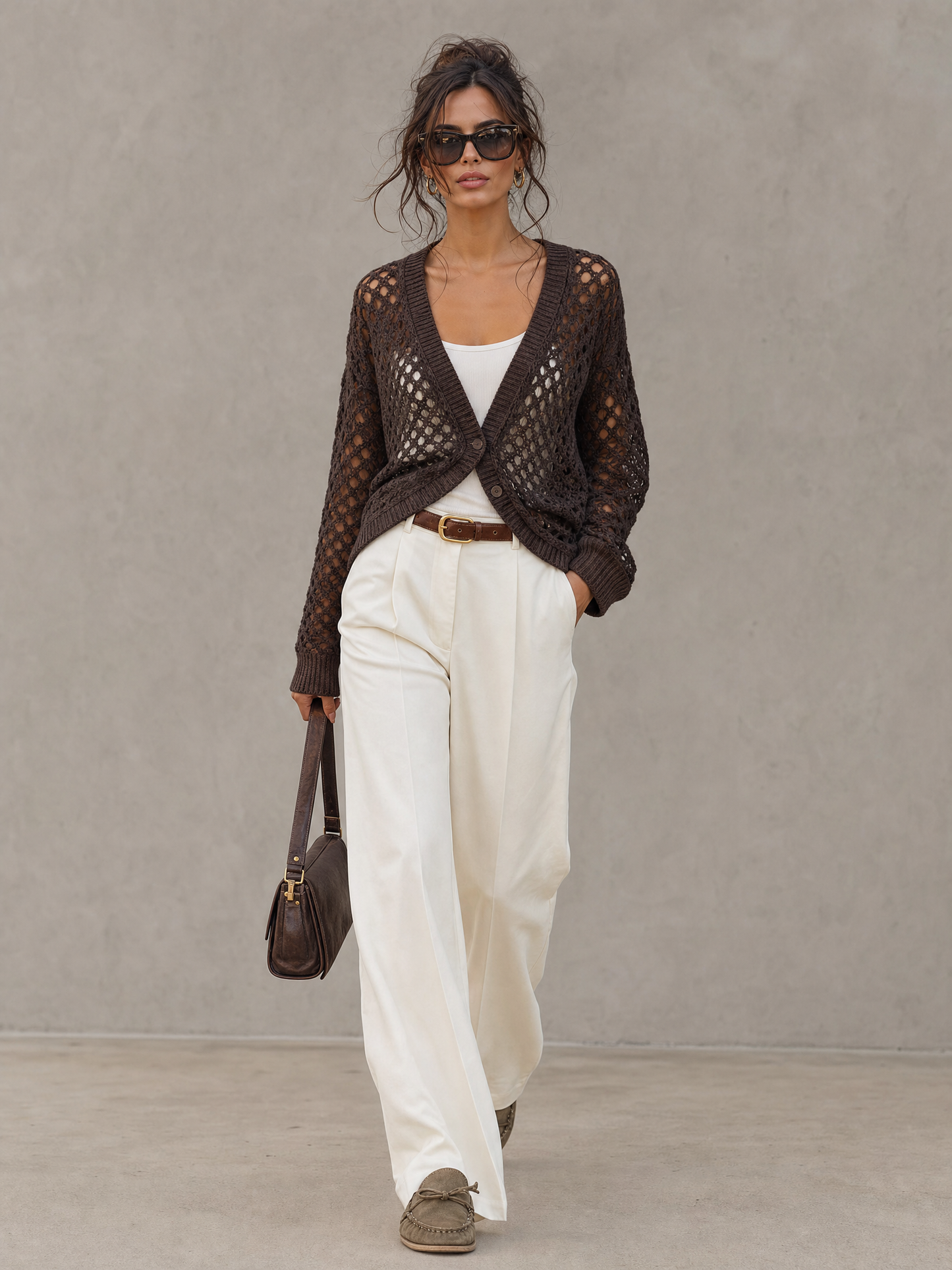 Women's Casual Long-sleeve Open-knit Cardigan With Two-button Closure