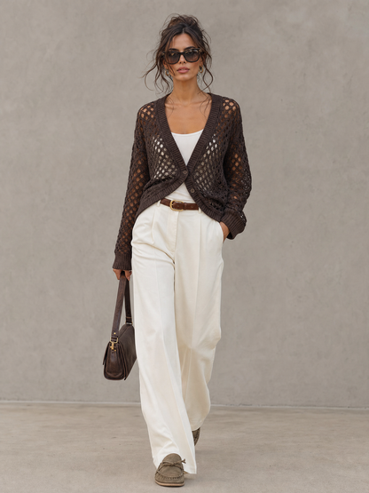 Women's Casual Long-sleeve Open-knit Cardigan With Two-button Closure