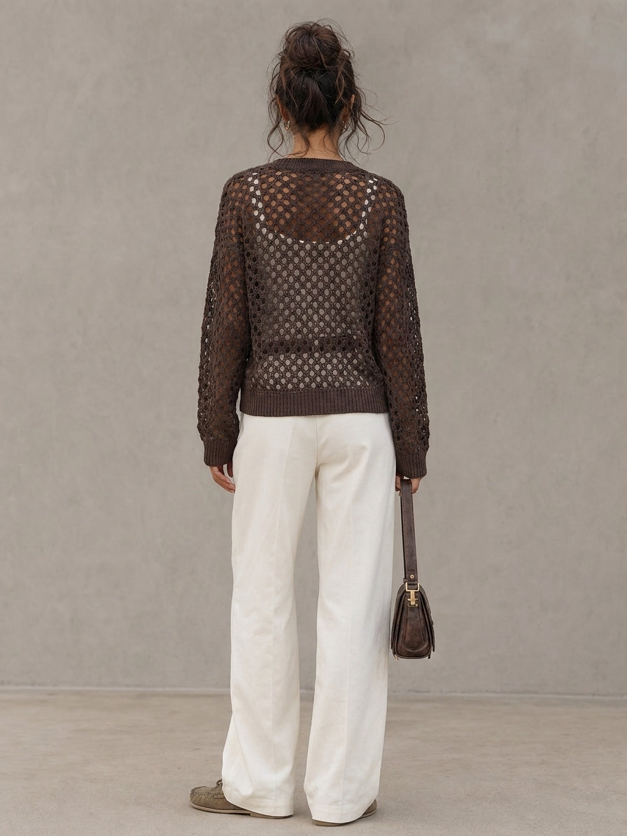 Women's Casual Long-sleeve Open-knit Cardigan With Two-button Closure