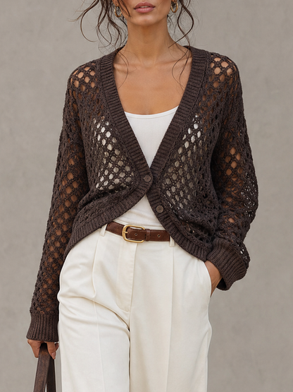 Women's Casual Long-sleeve Open-knit Cardigan With Two-button Closure