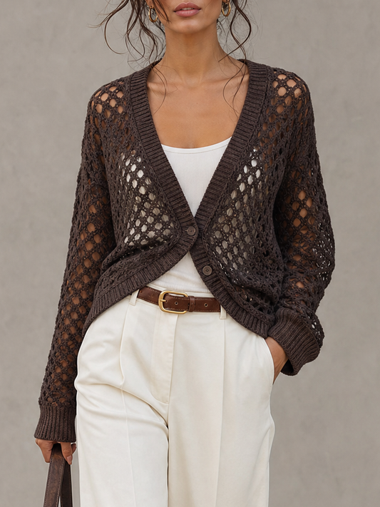 Women's Casual Long-sleeve Open-knit Cardigan With Two-button Closure