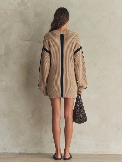 Women's Casual Camel V-neck Long-sleeve Knit Mini Dress